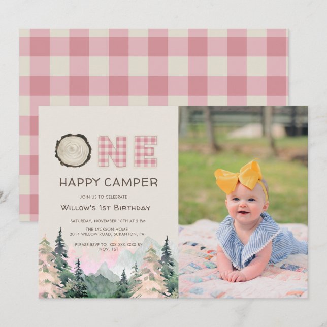 Baby Girl Rustic One Happy Camper Birthday Invitation (Front/Back)