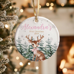 Baby Girl’s First Christmas Photo   Woodland  Ceramic Ornament