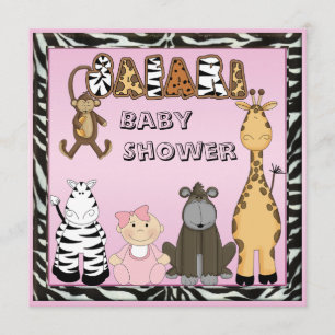 Baby Girl & Safari Animals Baby Shower Invitation