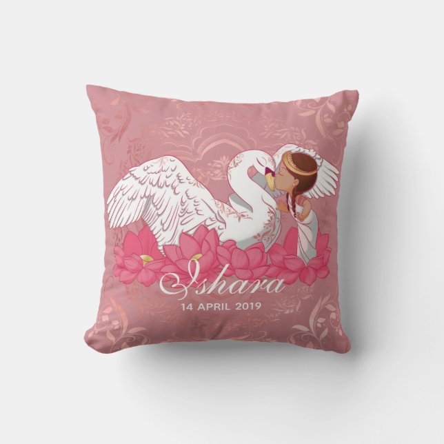 Baby Girl Saraswati with White Swan and lotus Throw Pillow (Front)