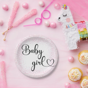 Baby girl script pink glitter Paper Plate