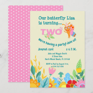 Baby girl second birthday butterfly party  invitation