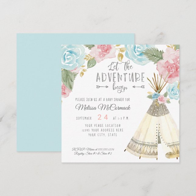 Baby Girl Shower Adventure Begin Teepee Pastel Invitation (Front/Back)
