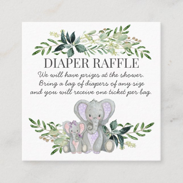 Baby Girl Shower Diaper Raffle Elephants n Foliage Square Business Card (Front)