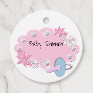 Baby girl shower dummy pink white pearls cute fun favour tags