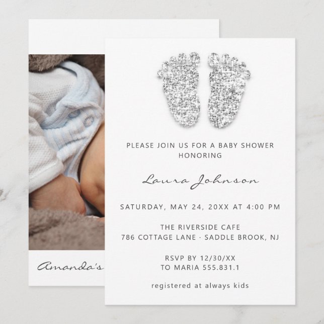 Baby Girl Shower Feet Glitter White Gray Photo Inv Invitation (Front/Back)