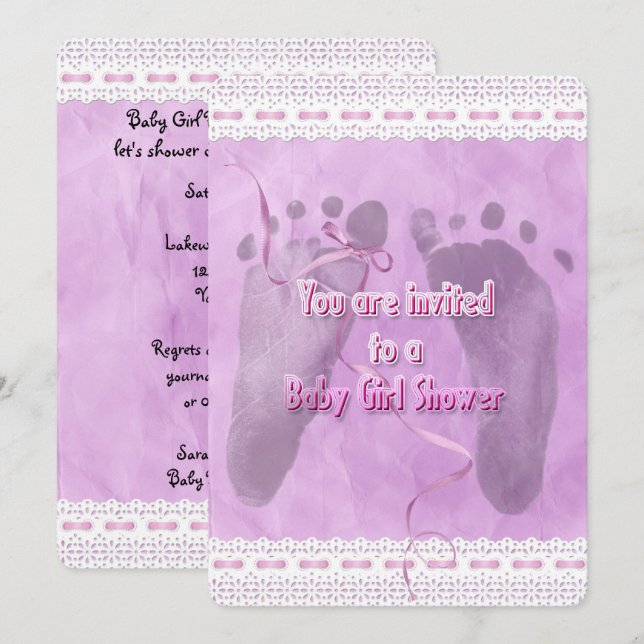 Baby Girl Shower Footprints Invitation (Front/Back)