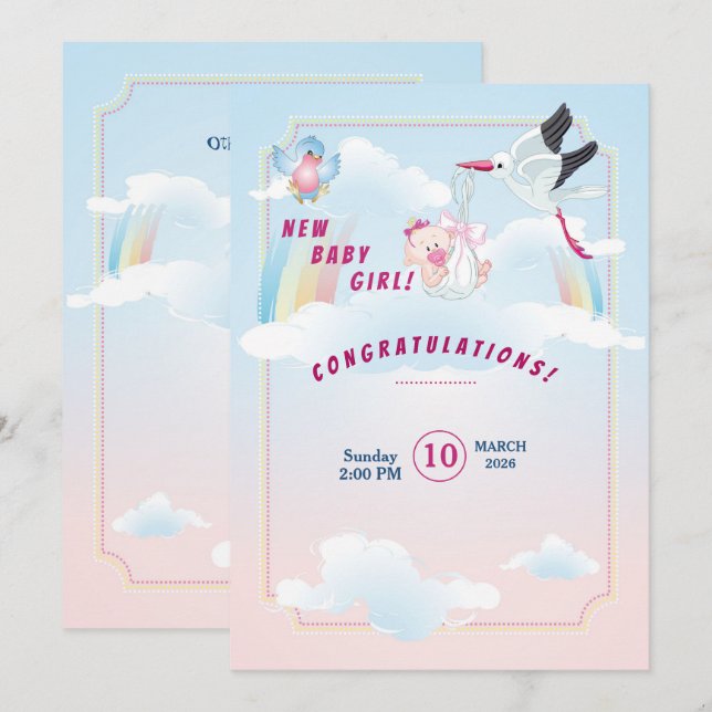 baby girl shower invitation with a funny stork (Front/Back)