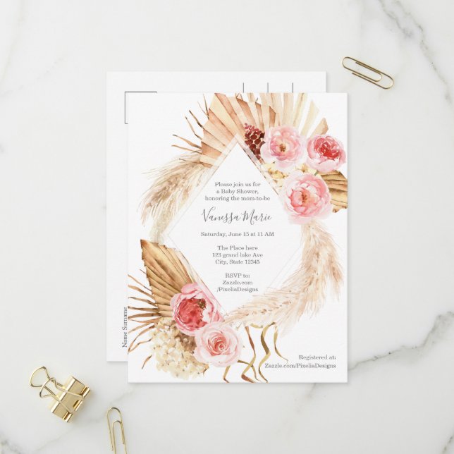 Baby Girl Shower Modern Boho Pampas grass floral Invitation Postcard (Front/Back In Situ)