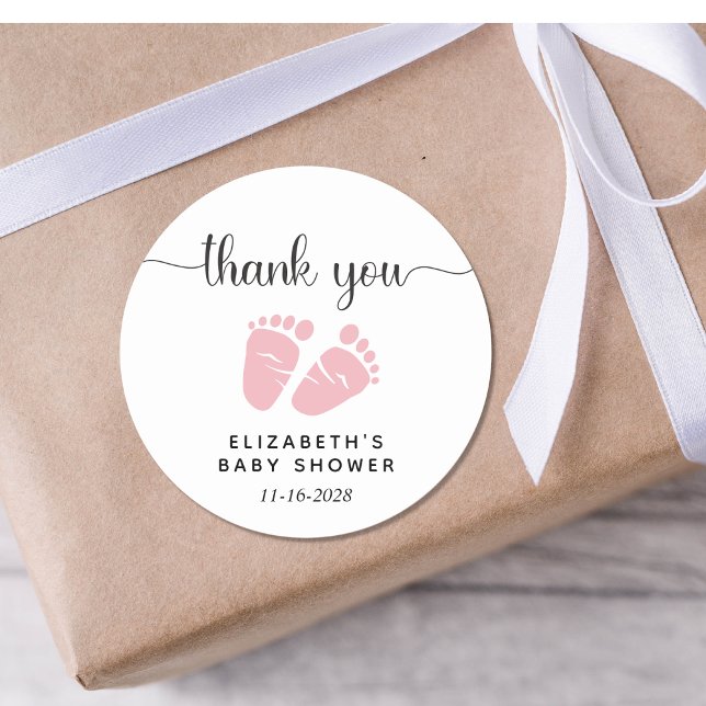 Baby Girl Shower Pink Feet Thank You  Classic Round Sticker (Creator Uploaded)