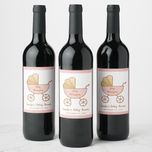 Baby Girl Shower Pink Retro Carriage Wine Label (Bottles)