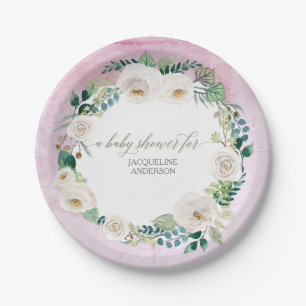 Baby Girl Shower Rustic Wreath Lavender White Rose Paper Plate