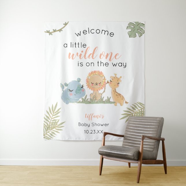 Baby Girl Shower Safari Animals Backdrop Sign Tapestry (In Situ)