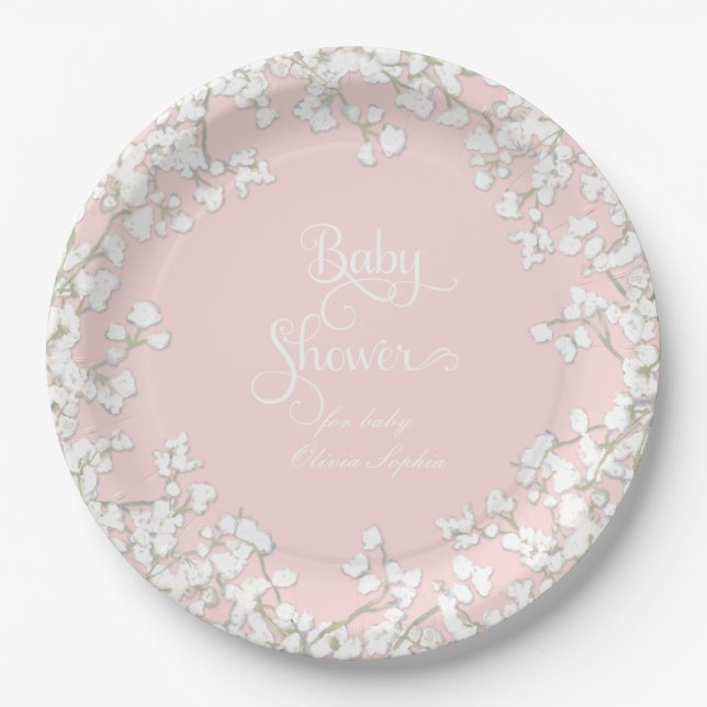 Baby Girl Shower Script Baby's Breath Wreath Paper Plate (Front)