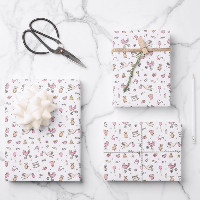 Baby Girl Shower Stork Carriage Bottle Soother Wrapping Paper Sheet (Front)