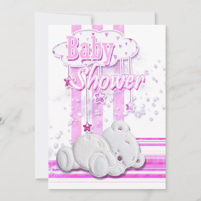Baby girl shower teddy bear pink invitation (Front)