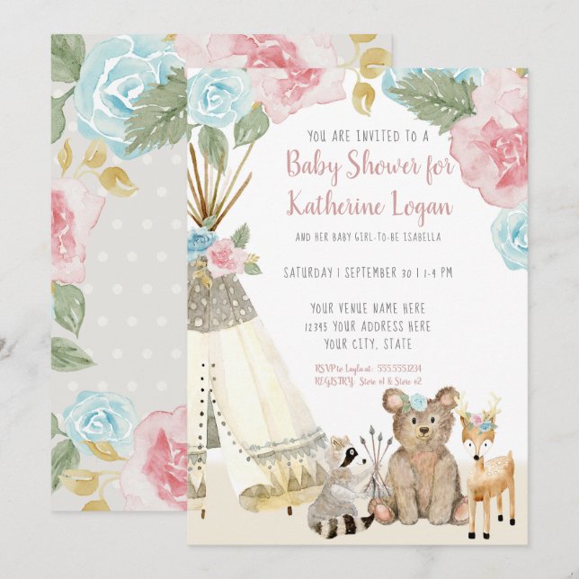 Baby Girl Shower Woodland Grey Deer Floral Teepee Invitation (Front/Back)