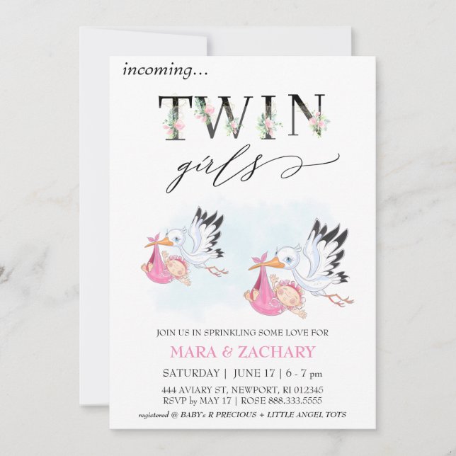 *~*  Baby Girl SPRINKLE Twins Stork Invitation (Front)