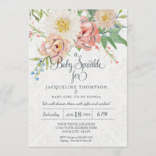 Baby Girl Sprinkle Watercolor Blush n White Floral Invitation