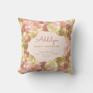 Baby Girl Stats Pink Balloons Throw Pillow