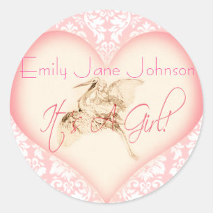 Baby Girl Stickers with vintage Stork