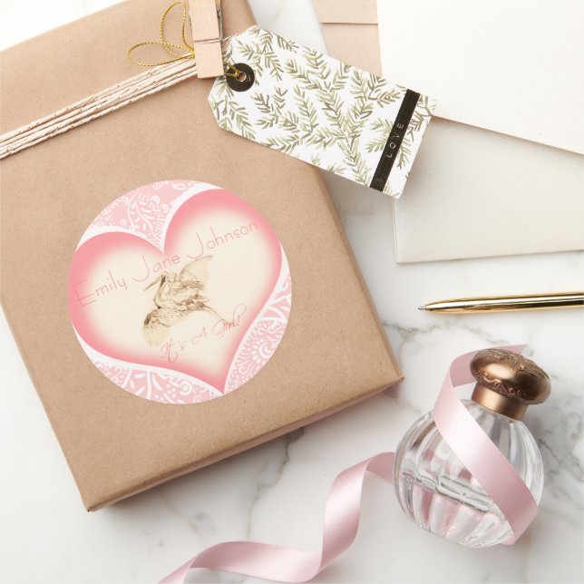 Baby Girl Stickers with vintage Stork (Gifting)