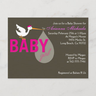 Baby Girl Stork Baby Shower Invitation Postcard