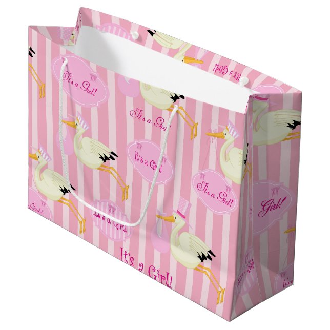 Baby girl stork Pink Stripes Large Gift Bag (Front Angled)