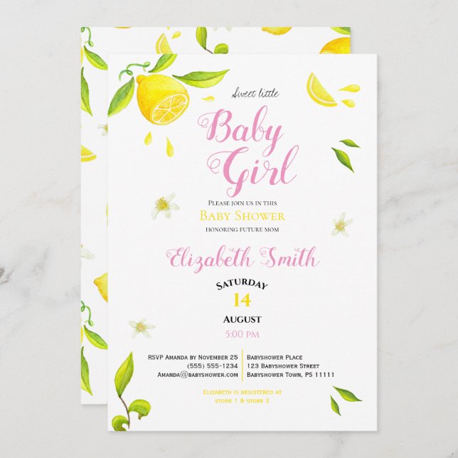 Baby girl summer spring lemon theme babyshower invitation (Front/Back)