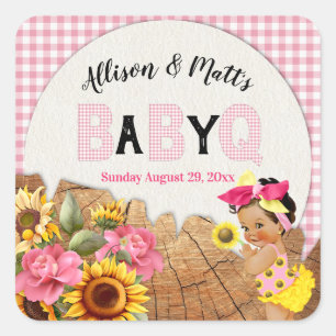 Baby Girl Sunflower Pink Check Wood Baby Q BBQ Square Sticker