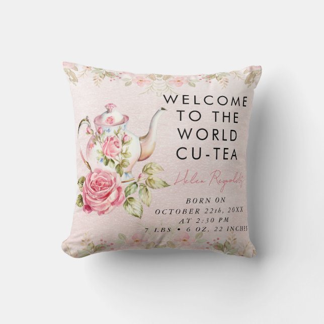 Baby Girl Teapot Keepsake Birth Stats Throw Pillow (Front)