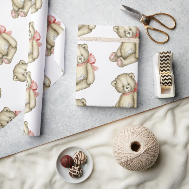Baby Girl Teddy Bear Pink Watercolor Wrapping Paper (Crafts)