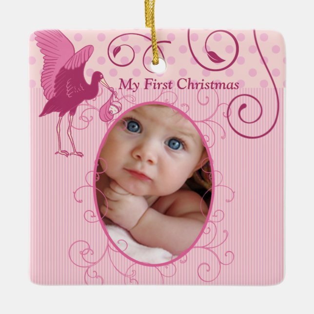 Baby Girl Tiny Tee Photo Ornament with Birth Stats (Front)