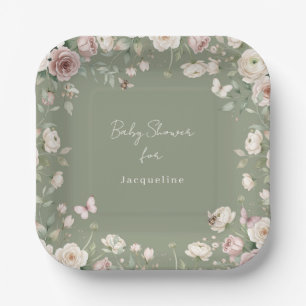 Baby Girl to Bee Rose Floral Moss Green Shower Paper Plate