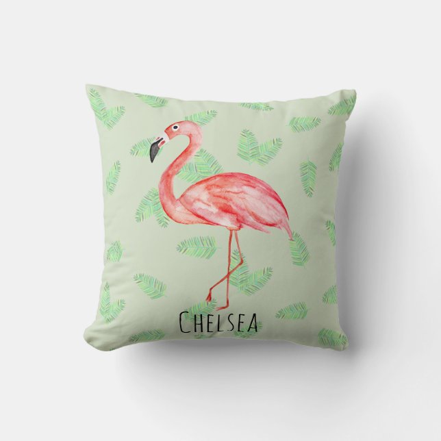 Baby Girl Tropical Pink Flamingo Name Nursery Throw Pillow (Front)