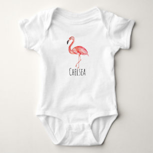 Baby Girl Tropical Watercolor Pink Flamingo Name Bodysuit