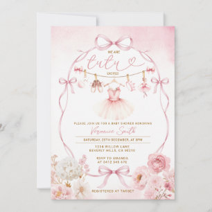 Baby Girl Tutu Bow Floral Pink Bow Ribbon Invitation