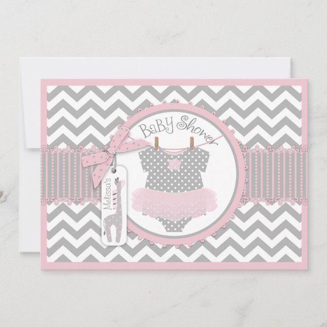 Baby Girl Tutu Chevron Giraffe Baby Shower Invitation (Front)