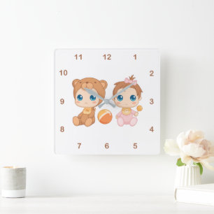 Baby Girl Twins Bear Jumpsuit 2 Square Wall Clock