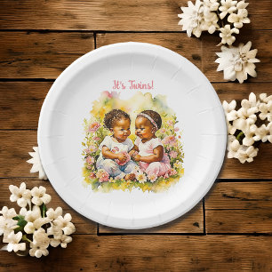Baby Girl Twins of Color Baby Shower Paper Plate