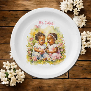 Baby Girl Twins of Color Baby Shower Paper Plate