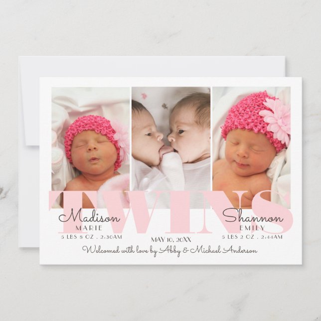 Baby Girl Twins Pretty in Pink Birth Announcement (Front)