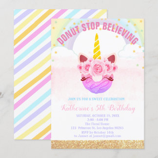 Baby Girl Unicorn Doughnut Stop Believing Birthday Invitation