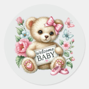 Baby girl welcome bear classic round sticker