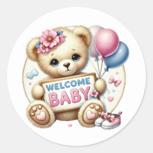 Baby girl welcome bear classic round sticker