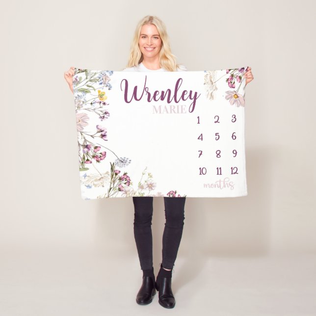Baby Girl Wildflower Milestone Blanket, Lavender  Fleece Blanket (In Situ)