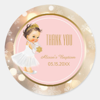 Baby Girl Winter Baptism Favour | Pink Gold Bokeh Classic Round Sticker