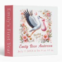 Baby Girl with Stork, Flowers and Butterflies Binder