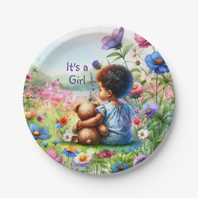 Baby Girl with Teddy Bear Baby Shower It's a Girl Paper Plate (Front)