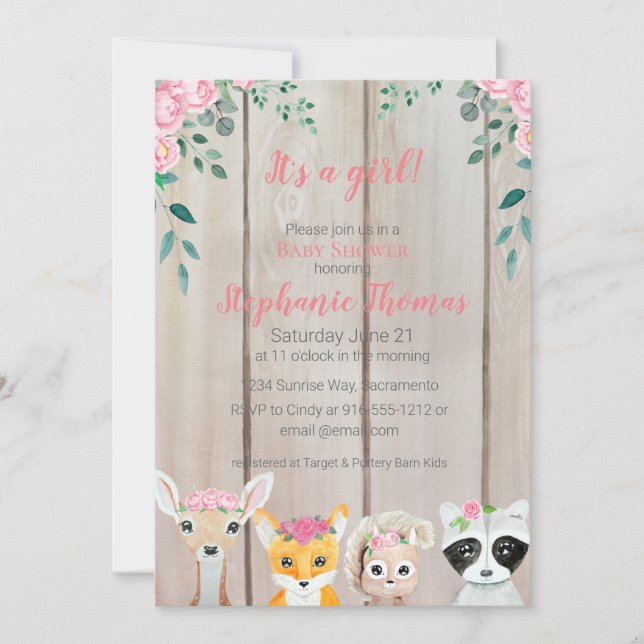 Baby Girl Woodland Animaux Douche Invitation (Devant)
